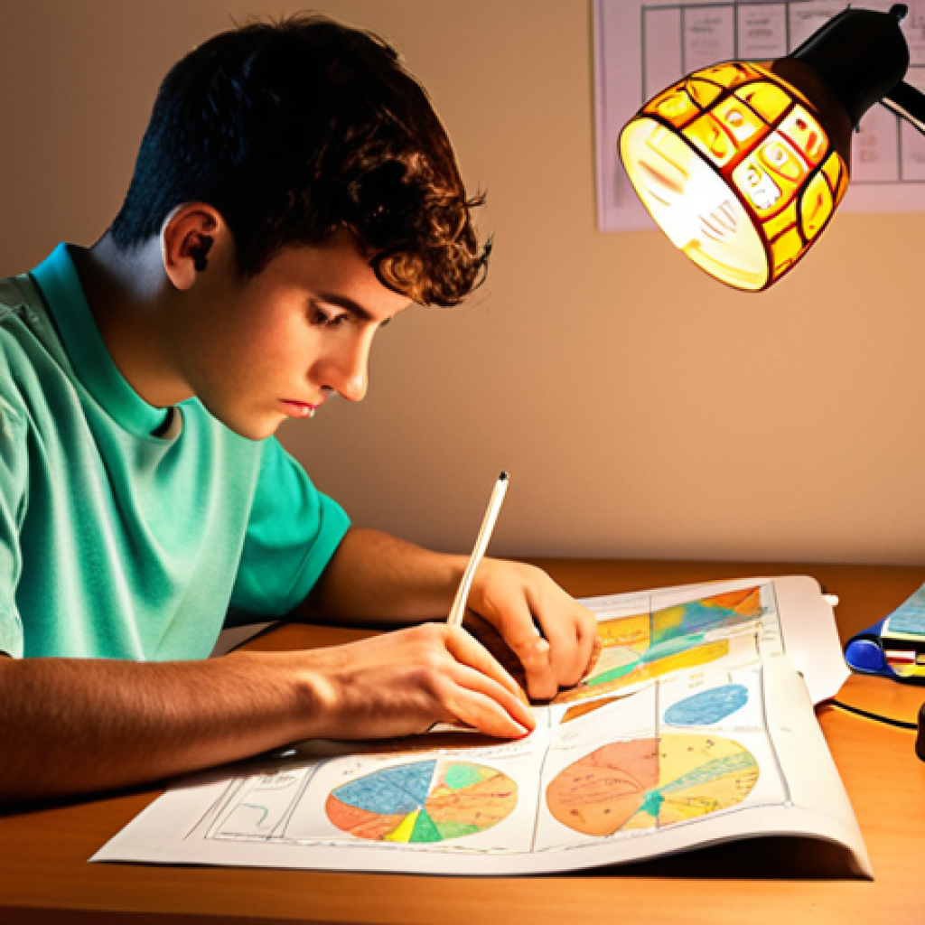 **A determined young adult studying with colorful mind maps and diagrams spread around them, illuminated by the warm glow of a desk lamp, showcasing active learning techniques. The atmosphere is one of focused dedication and hope.**