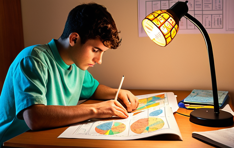 **A determined young adult studying with colorful mind maps and diagrams spread around them, illuminated by the warm glow of a desk lamp, showcasing active learning techniques. The atmosphere is one of focused dedication and hope.**