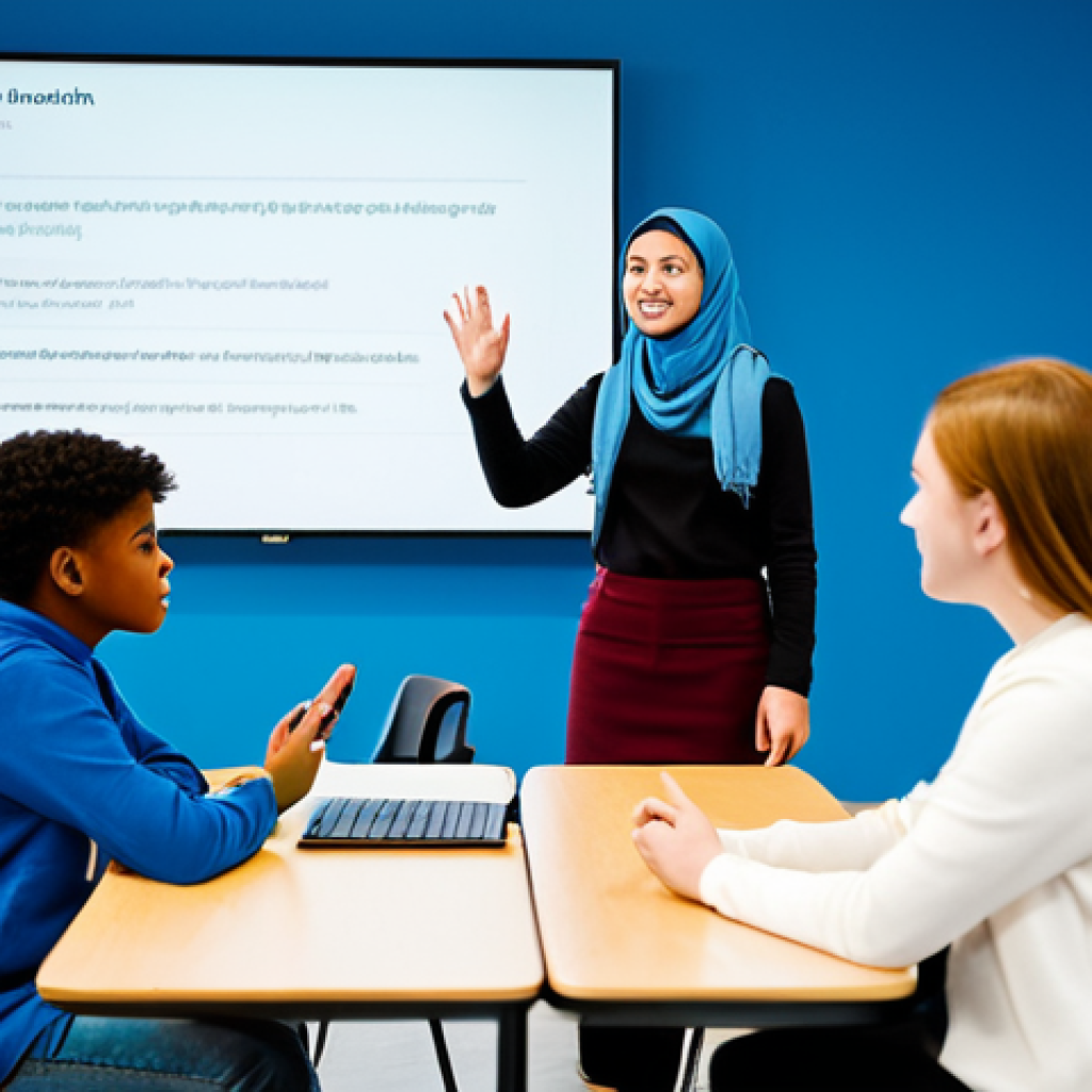 A professional female youth counselor, fully clothed in modest professional attire, is leading an interactive session with a diverse group of fully clothed teenagers and young adults. They are seated at a modern table in a brightly lit, contemporary youth center, which features large screens subtly displaying digital well-being tips. The counselor is actively listening and guiding a discussion about navigating social media safely and managing online emotional health. The young people are engaged, thoughtful, and exchanging ideas. The atmosphere is collaborative and supportive. Perfect anatomy, correct proportions, natural poses, well-formed hands, proper finger count. High-quality professional photography, soft studio lighting, appropriate content, safe for work, family-friendly.