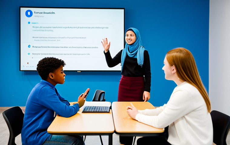 A professional female youth counselor, fully clothed in modest professional attire, is leading an interactive session with a diverse group of fully clothed teenagers and young adults. They are seated at a modern table in a brightly lit, contemporary youth center, which features large screens subtly displaying digital well-being tips. The counselor is actively listening and guiding a discussion about navigating social media safely and managing online emotional health. The young people are engaged, thoughtful, and exchanging ideas. The atmosphere is collaborative and supportive. Perfect anatomy, correct proportions, natural poses, well-formed hands, proper finger count. High-quality professional photography, soft studio lighting, appropriate content, safe for work, family-friendly.