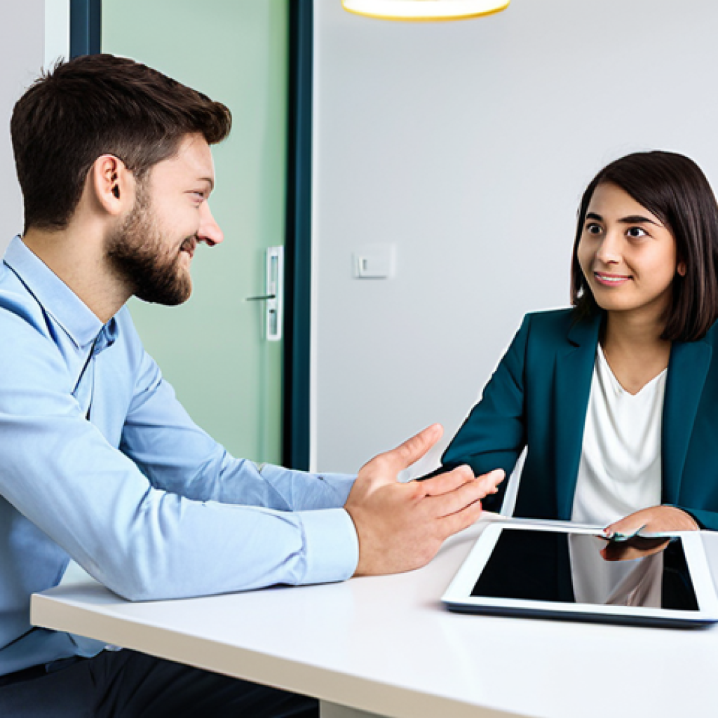 A professional youth counselor, fully clothed in a modest, contemporary business casual outfit, is attentively guiding a young person in a modern, brightly lit counseling room. The young person, dressed in appropriate, modern casual attire, is seated comfortably, engaged in a discussion, with a tablet displaying abstract digital patterns on a table nearby, symbolizing digital well-being. The background features subtle digital interface elements on a large screen, reflecting the digital era. The scene emphasizes empathy and understanding in the digital age, safe for work, appropriate content, perfect anatomy, natural pose, correct proportions, well-formed hands, proper finger count, natural body proportions, professional photography, high quality, family-friendly.