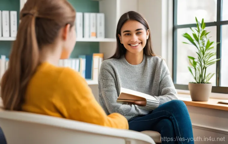 청소년상담사 자격증 응시료와 비용 - **Prompt:** A young, empathetic female youth counselor, approximately 35 years old, with a warm and ...