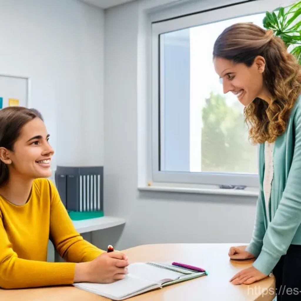청소년상담사 자격증 취득 후 실습 준비 - A warm and inviting scene inside a modern school counseling office in Spain. A compassionate young f...