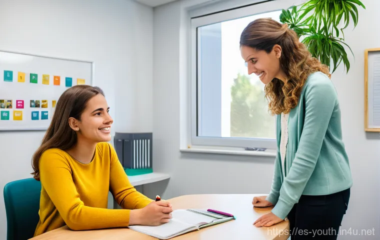 청소년상담사 자격증 취득 후 실습 준비 - A warm and inviting scene inside a modern school counseling office in Spain. A compassionate young f...
