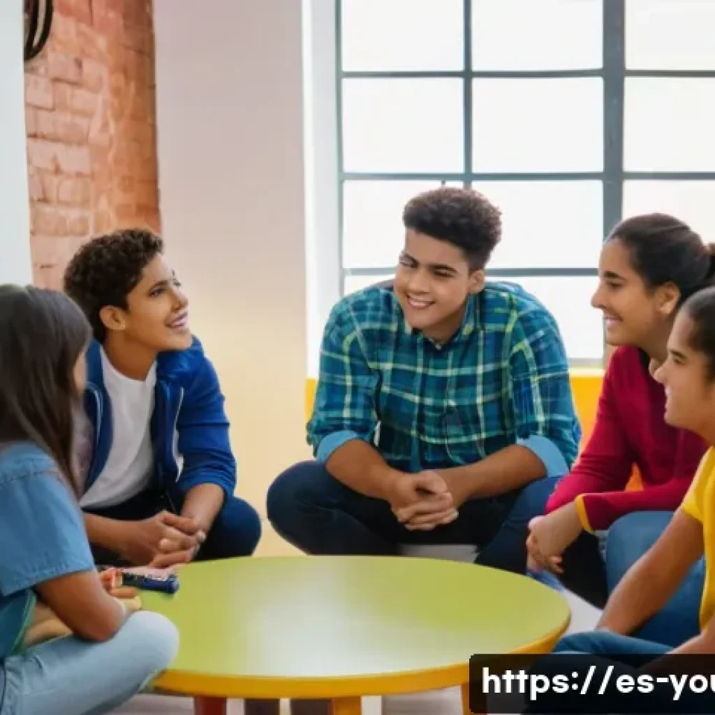 청소년상담사로서 상담 효과 측정하기 - A diverse group of Hispanic teenagers in a comfortable community center setting, engaged in a counse...
