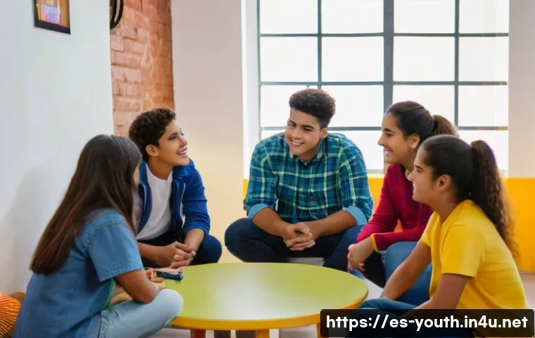 청소년상담사로서 상담 효과 측정하기 - A diverse group of Hispanic teenagers in a comfortable community center setting, engaged in a counse...