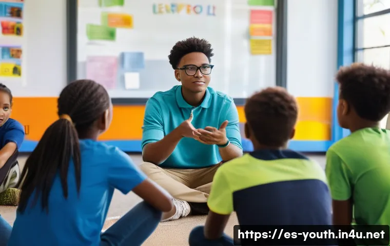 청소년상담사 자격증과 관련된 학위 과정 - A compassionate youth counselor in a vibrant community center, attentively listening to a diverse gr...