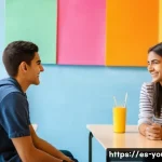 청소년상담사 실습 중 발생할 수 있는 문제 - A warm and inviting counseling session scene in a modern community center in Spain, featuring a youn...