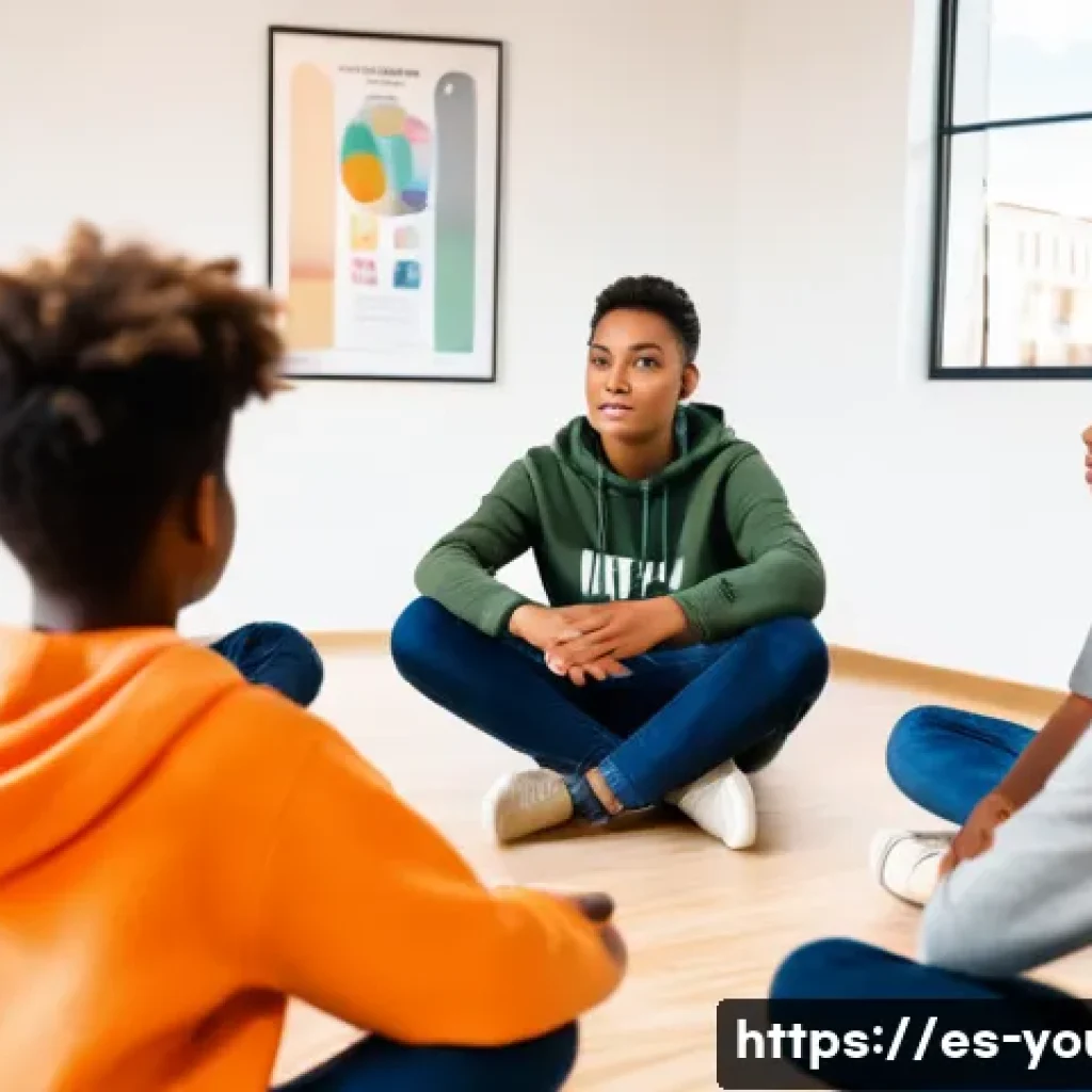 청소년상담사 자격증 소지자를 위한 취업 팁 - A professional young counselor in a bright, modern community center engaging attentively with a dive...