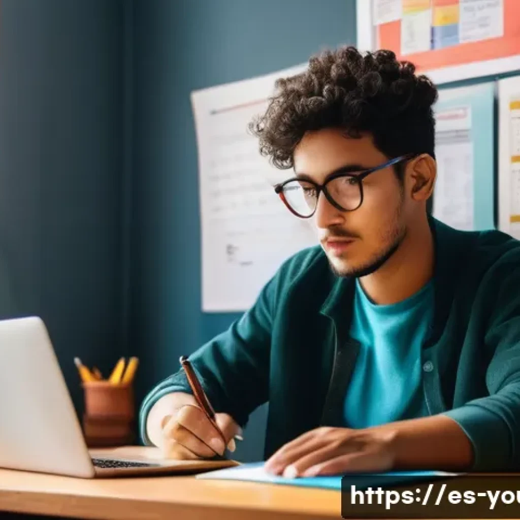 청소년상담사 필기시험 고득점 비법 - A focused young adult student studying at a bright, modern desk in a cozy room filled with Spanish c...