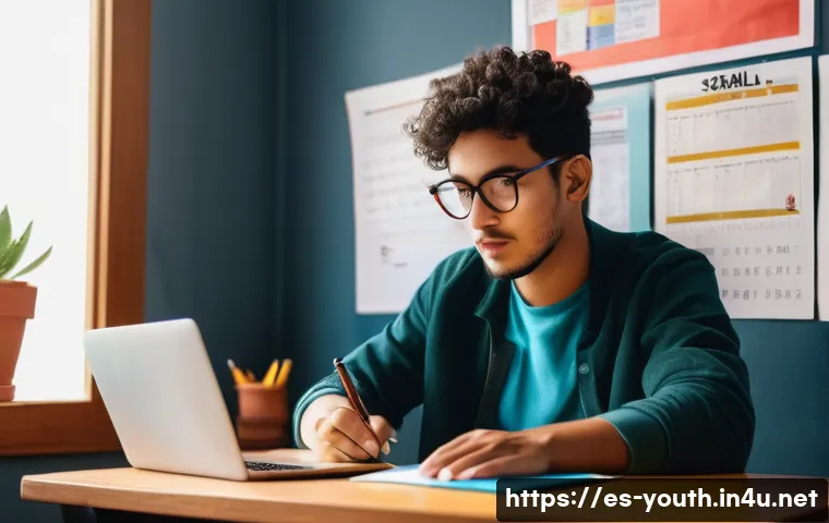 청소년상담사 필기시험 고득점 비법 - A focused young adult student studying at a bright, modern desk in a cozy room filled with Spanish c...