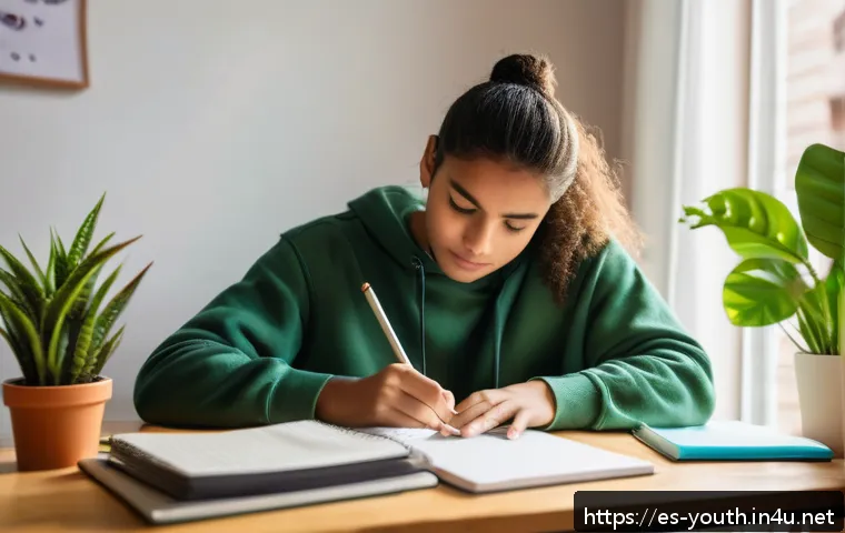 청소년상담사 자격증 합격 수기 모음 - A focused young adult studying at a cozy desk filled with colorful study materials, notebooks, and a...