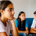 청소년상담사에게 필요한 기술과 역량 - A compassionate youth counselor attentively listening to a diverse group of teenagers in a bright, m...